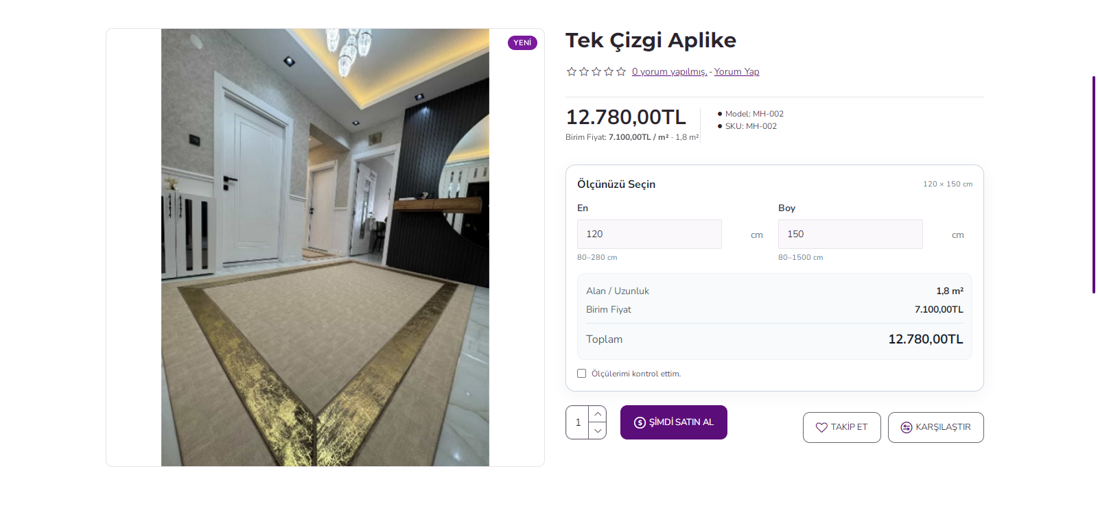 Özel ölçü ürün fiyat hesaplama masaüstü görünümü